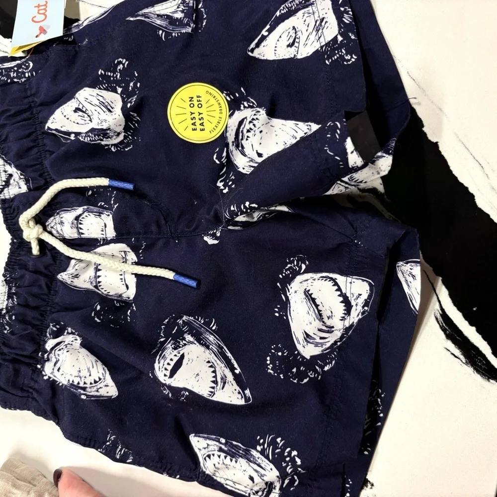 Cat & Jack Navy Blue Shark Print Boys Swim Trunks